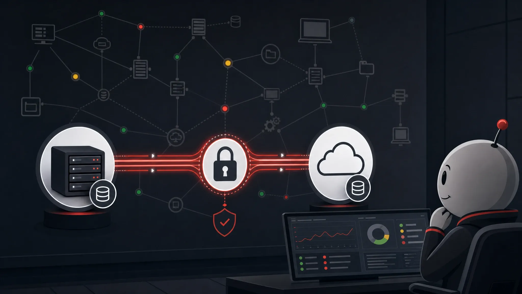 Stilisierte Backup-Strategie, lokale Sicherung und EU-Cloud über ein zentrales Schloss für Unveränderbarkeit verbunden, beobachtet vom Netzleiter IT-Männchen.