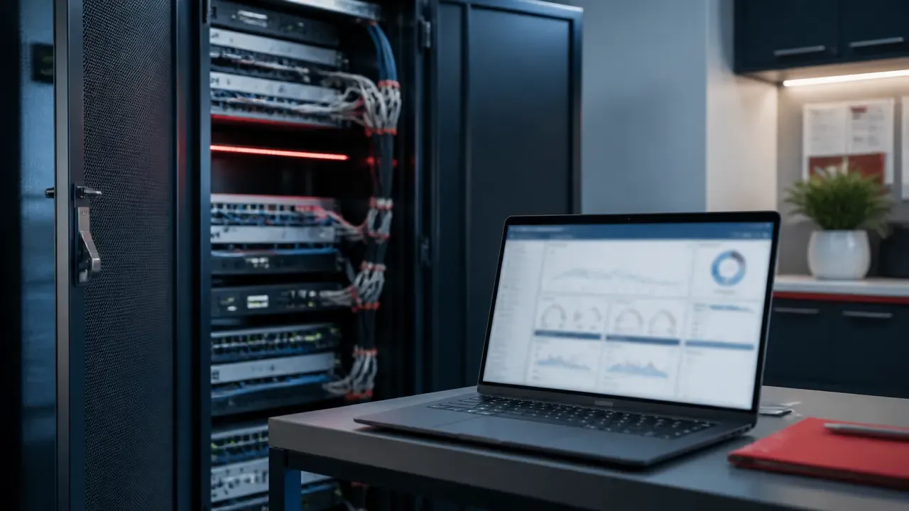 Geöffneter Netzwerkschrank einer Arztpraxis mit Techniker-Laptop, auf dem Performance-Diagramme laufen