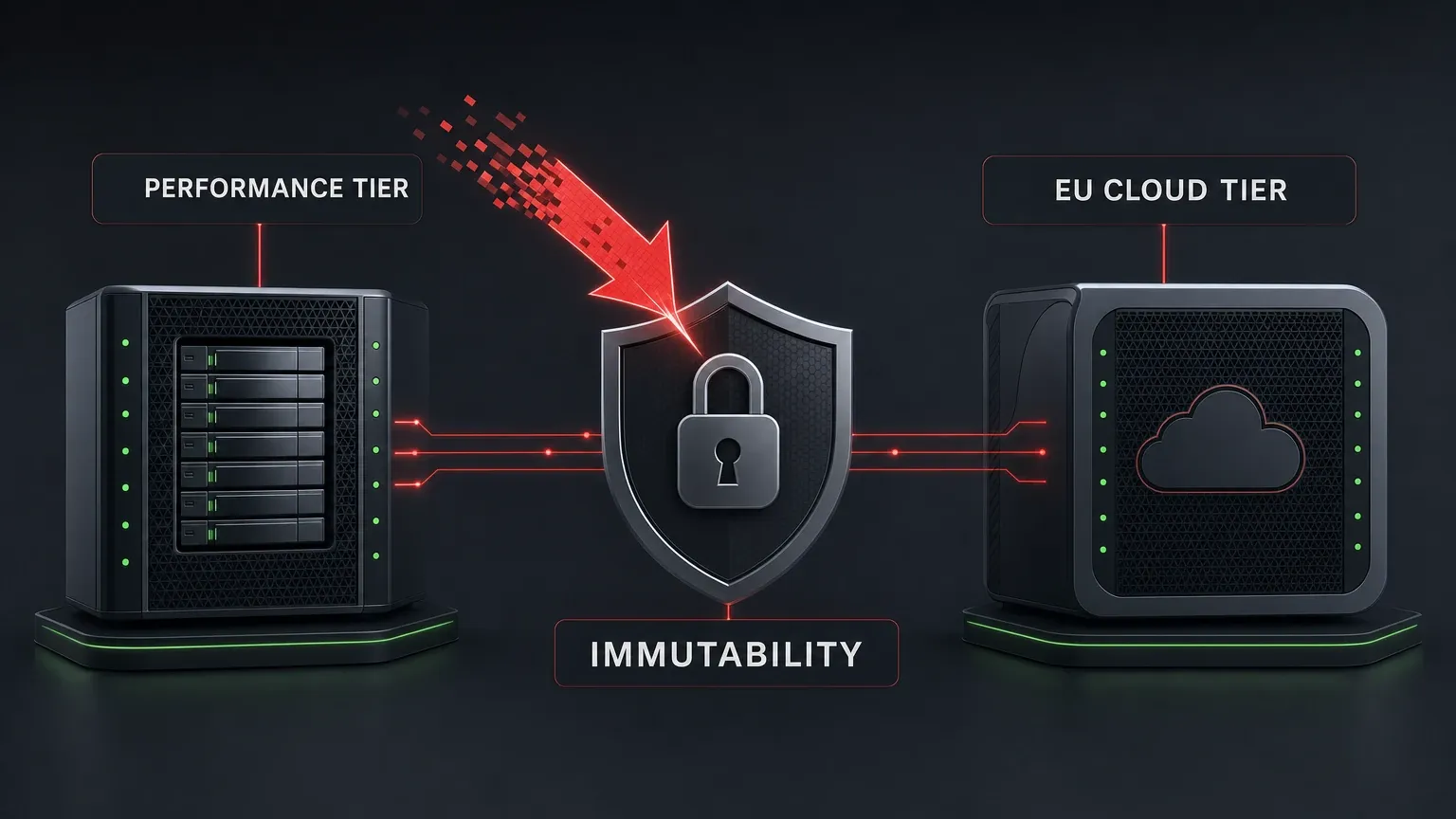 Unveränderbare Backups auf lokaler Ebene und in der EU-Cloud wehren einen Ransomware-Angriff ab, dargestellt auf einem Tablet.