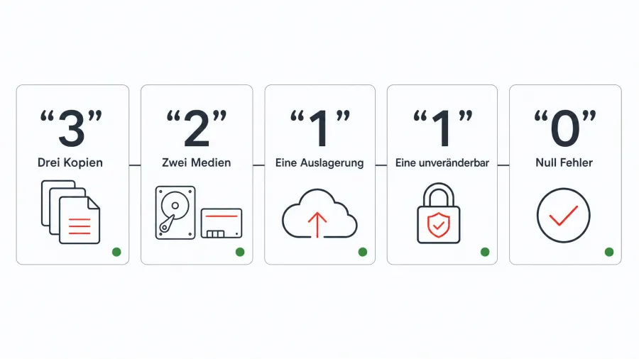 Drei leuchtende blaue Datendateien schweben über Server, Festplatte und Cloud-Symbol, rechts daneben ein Tresor mit rotem Schlosssymbol in einer transparenten Schutzkugel.