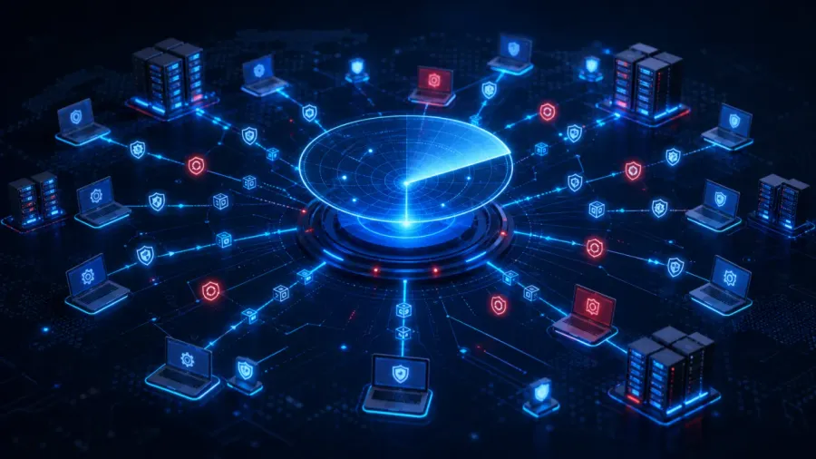 Zentrales Radar-Symbol umgeben von Laptops und Serverschränken, die über Linien verbunden sind, einige Geräte tragen blaue Schildsymbole, andere rote Warnsymbole.