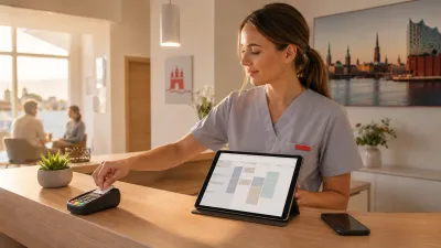 Medizinische Fachangestellte arbeitet am Empfang mit dem Praxisverwaltungssystem