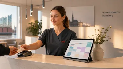 Medizinische Fachangestellte liest am Empfang eine elektronische Gesundheitskarte ein